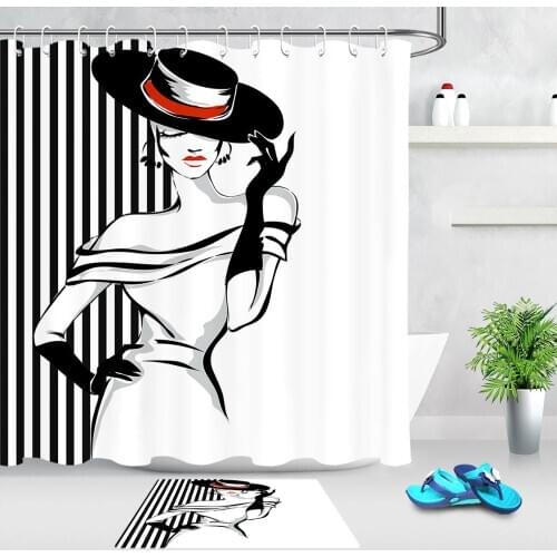 Fashion Girl Stripe Black and White Bath Curtains Waterproof Polyester Fabric Washable Bathroom Shower Curtain Screen with Hooks