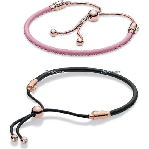 Authentic 925 Sterling Silver Bracelet Rose Moments Pink Leather Slider Bracelet Bangle Fit Women Bead Charm Fashion Jewelry
