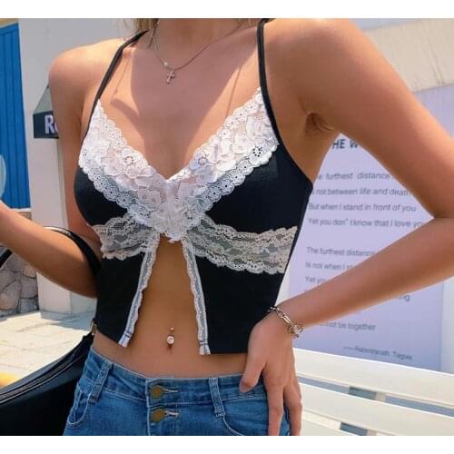 Split Patchwork Lace Sexy Crop Top Women V Neck Black Summer Cami Top 90s Fashion Spaghetti Strap Tops Tees Ladies