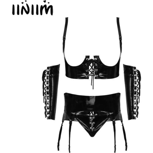 Womens Patent Leather Lingerie Set Wetlook Exotic Costumes Clubwear Open Bust Underwired Corset Top with Garter G-String Briefs