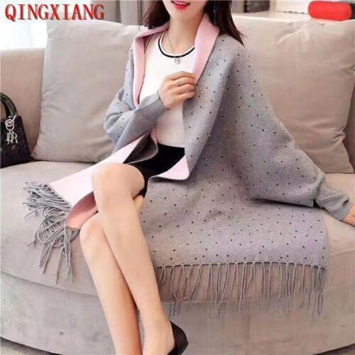 2021 Winter Beading Crystal Knitted Cardigan Vintage Shawl Women Autumn Female Long Sleeves Cape Outside Shinny StreetWear Cloak