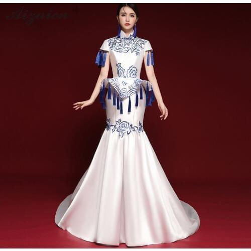 Fashion Blue White Embroidery Cheongsam Long Mermaid Tassel Dresses Qi Pao Women Chinese Dress Oriental Style Stage Show Gown