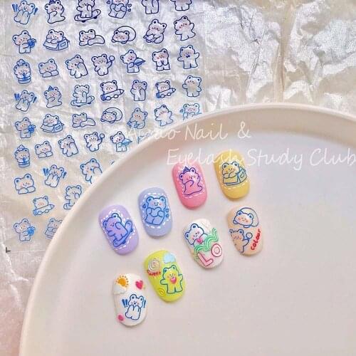 1Pc Ultra-thin Cute Rabbit Bear Nail Art Sticker 5D Blue Kawaii Cartoon Animals Design DIY Nail Decals