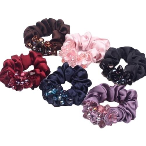 2020 New Girls Silk Scrunchie With Flower Crown Women Elastic Rubber Bands For Hair Crystal Hair Tie Ponytail Chouchou Headdress