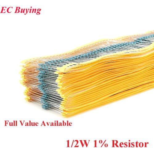 50pcs 1/2W 1% Metal Film Resistor 1R-1M 100K 100Ω 100R 1K 4.7K 470K 470Ω 200 120 150 620 220 560 330 510 2R R ohm Ω Resistance