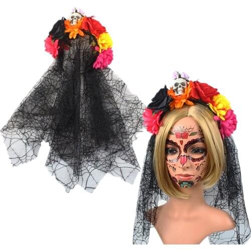 Amawill Halloween Headband Day of The Dead Headpiece Rose Skull Flower Crown Costume Accessories Halloween Festival Wear