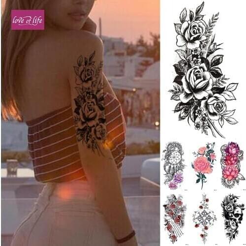 Black Lace Skull Rose Waterproof Temporary Tattoo Sticker Flash Tattoos Body Art Arm Fake Tatoo Women Men
