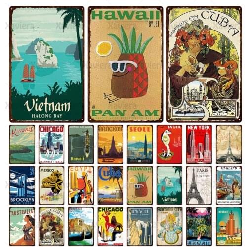 City Poster Metal Tin Painting Chicago Thailand Egypt India Hawaii Atlantic Cuba Iron Plaque Tin Bar Pub Hotel Home Decoration
