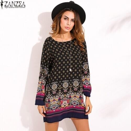 ZANZEA 2021 Ladies Women Sexy Mini Dress Round Collar Long Sleeve Vintage Floral Print Casual Straight Ethnic Short Veatidos