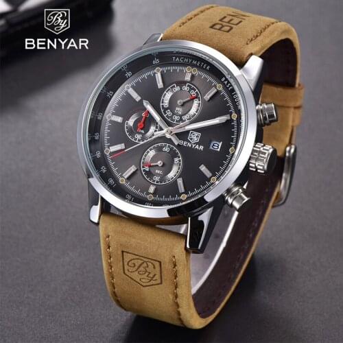 Top Brand BENYAR Luxury Sport Mens Watches Chronograph Waterproof Quartz Leather Watch Men Relogio Masculino erkek saati BY-5102