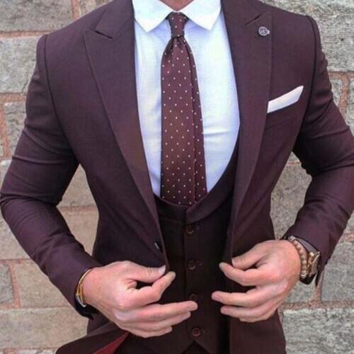 ANNIEBRITNEY Burgundy Men 3 Piece Business Slim Fit Suit Set Custom Wool Groom Wedding Tuxedo Slim Prom Wedding Business Suit