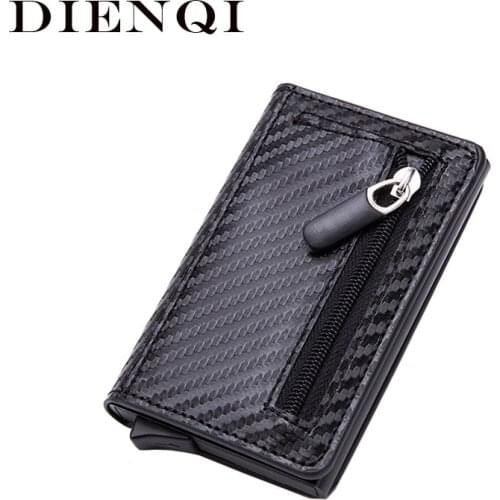 DIENQI Carbon Fiber Rfid Card Holder Men Slim Wallet Leather Zipper Thin Business Credit Cardholder Minimalist Metal Wallet 2020