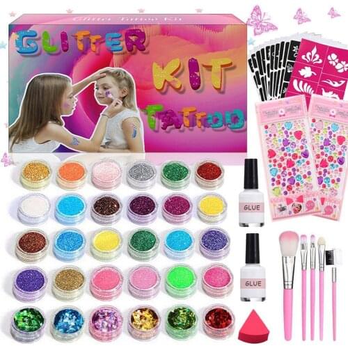 Glitter Tattoos Kit Temporary Tattoo Glitter Powder Waterproof Face Painting Body Art Tattoos Decal Template Random Pattern DIY