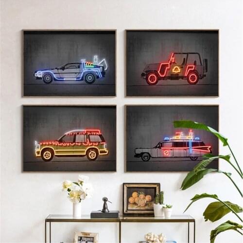 Wall Art Neon Lights Function Car Canvas Painting Creativity Poster for Nordic Style Home Living Room Decor Kids Gifts Cuadros