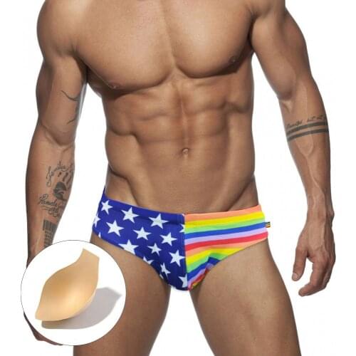 New Rainbow Striped Star Mens Swimwear Swim Briefs Man Swimsuit Men Swimming Trunks Low Waist Beach short Surf Wear Bath Suit