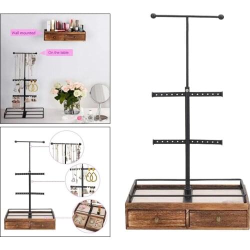 3 Tier Jewelry Tree Stand Tower Organizer with Wooden Drawer Decorative