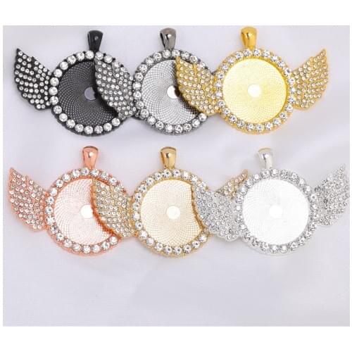 3PCS 25mm Cabochon Pendant Base Angel Wing Diamond Charms DIY Jewelry Making Necklace Alloy Crafts Supplies Jewellry Findings