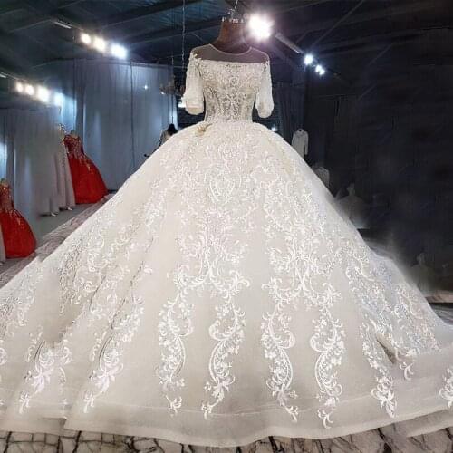 Luxurious Boat Neck Crystal Beading Sequined Wedding Dress 2021 For Woman Ball Gowns Half Puff Sleeve