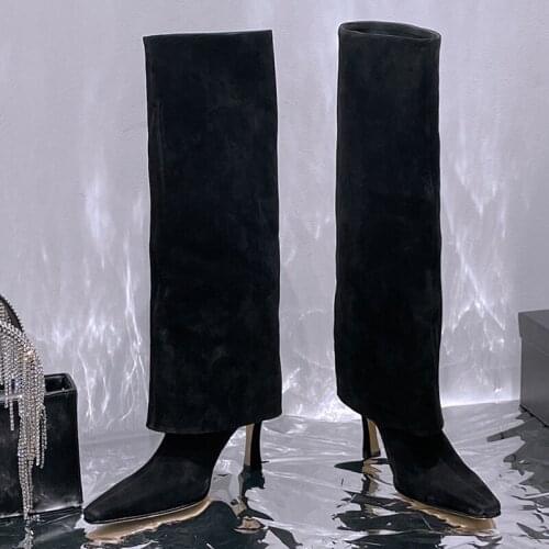 Luxury High Heels Leather Boots Spring Autumn Brand Design Point Toe Women Shoes New Fashion Knee-Length Slip-On Female Boots