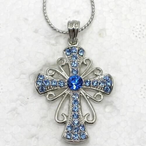 Blue Rhinestone Cross Fashion Pendant Necklaces Chain Jewelry F167 B