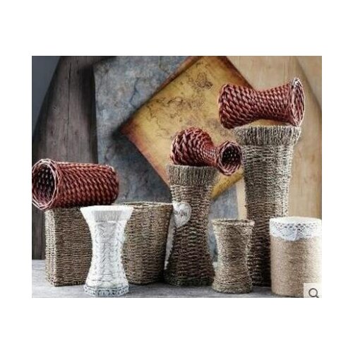Handmade straw basket hanging wall creative creative living room woven rattan vase dried flower basket