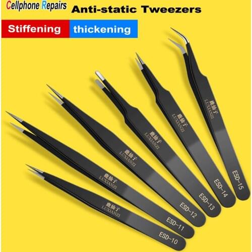 Hard and thick antistatic Tweezers Pinhead Curved mouth Round head Flat mouth forceps suit Clip maintenance tools