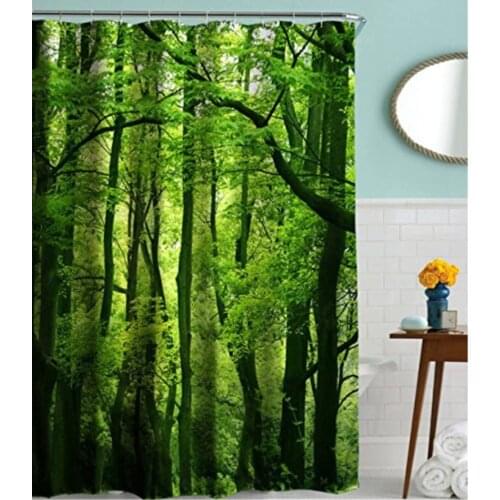 Green Forest Waterproof Fabric Bathroom Shower Curtain Set with Hooks, 72W by 72H