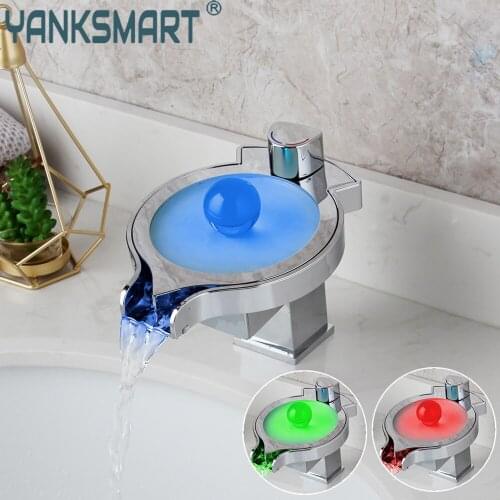 YANKSMART LED Chrome Polished Bathroom Faucet Basin Sink Waterfall Deck Mounted Faucets Washbasin Hot And Cold Mixer Water Tap