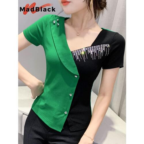 Summer Korean Style Cotton T-Shirt Pullover Sexy V-Neck Irregularity Spliced Lace Shiny Diamonds Women Tops Button Tees T17009A