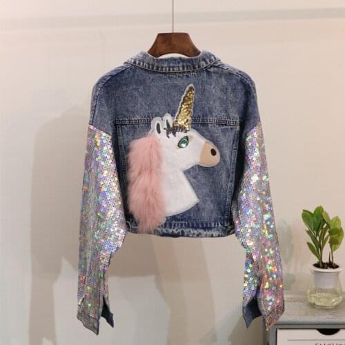 Sequins Sleeve denim jacket coat Women Horse Pattern Short denim jackets outwear