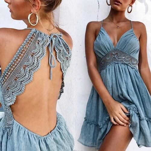 Women Hollow Out Lace Mini Dresses Sexy V Neck Backless Spaghetti Straps Dress Summer Plus Size Boho Party Beach Dress Vestido