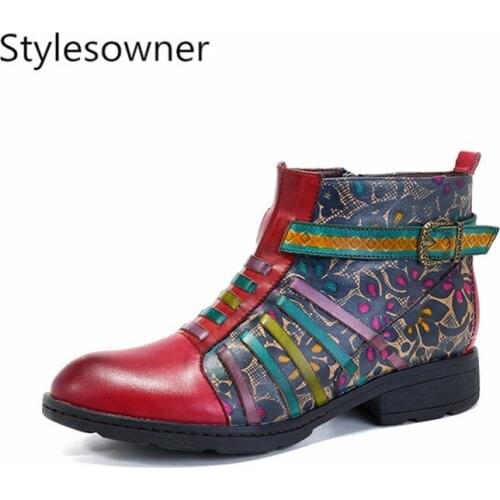 Stylesowner 2018 New Ethnic Style High Quality Women Ankle Boots Genuine Leather Retro Hand-made Flower Print Short Boots Women