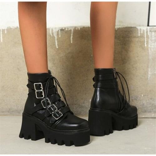 PXELENA Plus Size 35-44 Buckle Women Platform Combat Ankle Boots Chunky High Heels Thick Sole Motorcycle Punk Gothic Boots Shoes