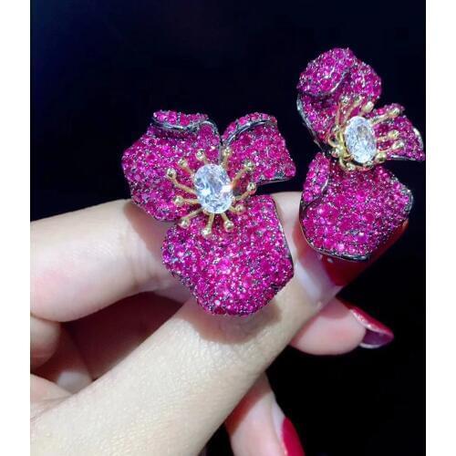 Romantic 925 sterling silver with cubic zircon flower stud earring big flower fine women jewelry green blue color