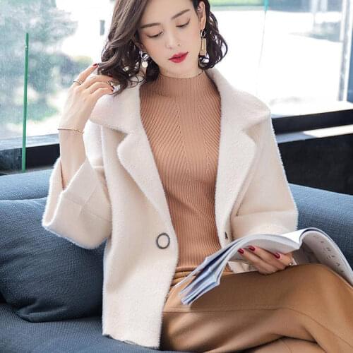 2021 women mink cashmere solid coat single button cardigans winter thick warm turn down collar three quarter sleeve