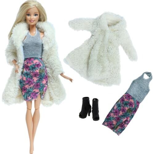 3Pcs/Set Doll Clothes Flower Dress + White Fur Coat + Black High Heels Boots Outfit for Barbie Doll Play House Accessories Toy