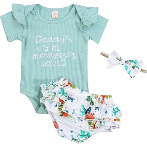 3Pcs Baby Summer Clothes Letters Short Sleeves Romper + Floral Ruffled Shorts + Hairband for Toddler Girls 0-24 Months