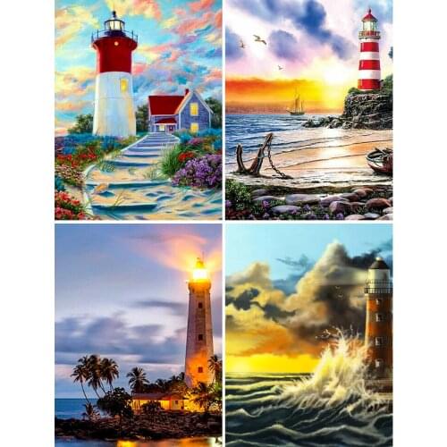 DIY 5D Diamond Painting Scenery Seaside Lighthouse Cross Stitch Kit Full Square Embroidery Mosaic Art Picture of Rhinestones