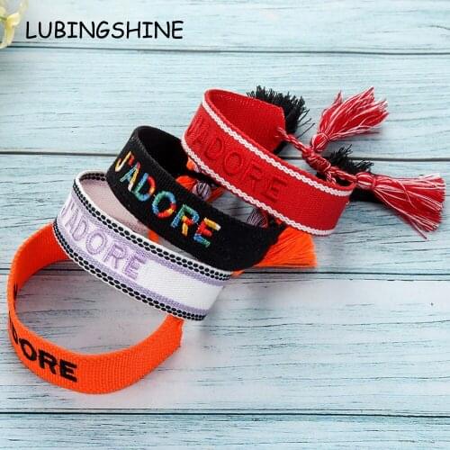 Ethnic Letter LOVE J'ADORE Embroidery Friendship Bracelet for Women Adjustable Hand-woven Cotton Rope Tassel Bracelets Anklets