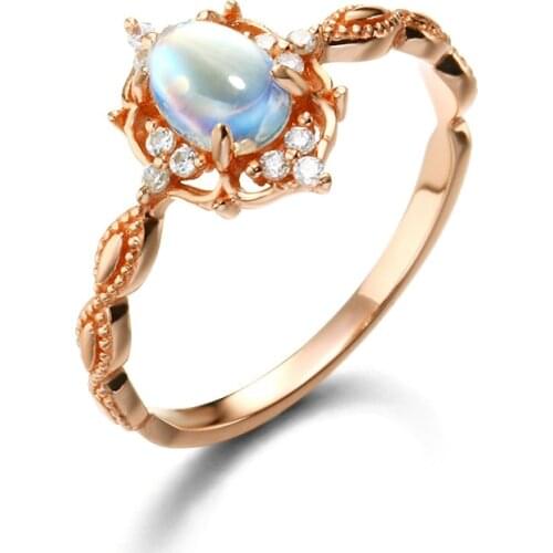 9K/14K Gold Retro Natural Moonstone Ring Female White-Collar Temperament All-Match Jewelry