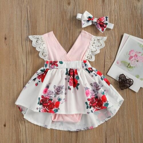 Girls Two Piece Set Infants Lace Fly Sleeve Romper Dress V-neck Floral Printed Jumpsuit +Headband for Baby