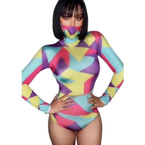 Colorful Triangle Print Women Bodysuit Turtleneck Longsleeve Sknny Elastic Jumpsuit Nightclub Costume Jazz Dance Show Wear