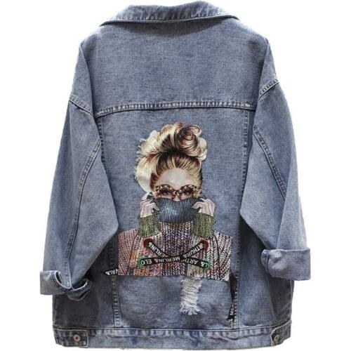 2020 Autumn New Denim Jacket Women Harajuku Printed Frayed Beading Loose Casual Jeans Jacket Coat Outwear Female Jacket P521
