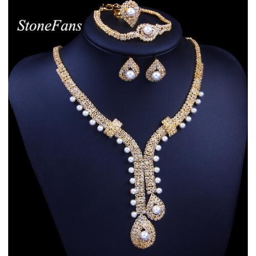 StoneFans Gold Silver Color Rhinestone Pearl Sets for Women Wedding New Charming Rhinestone Necklace Sets Engagement Jewelry