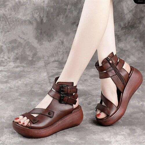 Slope Heel European Soft Leather Retro Roman Sandals Womens 2021 Spring Summer New Muffin Thick Soled Open Toe Side Zip Shoes