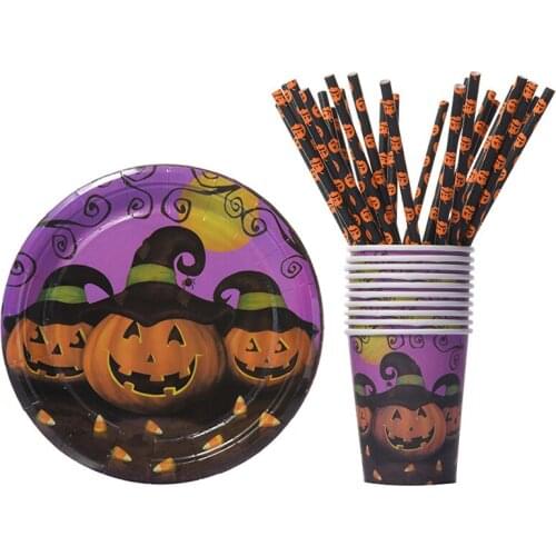Halloween Theme Party Pumpkin Spider Disposable Tableware Paper Plate Cup Straw Baby Shower Children Birthday Party Decoration