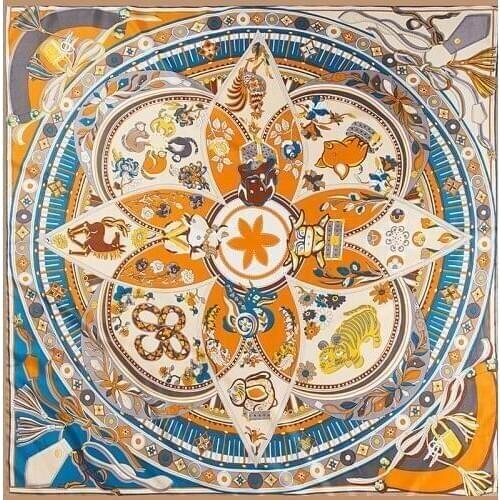 POBING 100% Twill Silk Scarf Women 12 Chinese Zodiac Square Scarves Big Bandana Kerchief Hijab Scarf Female Head Scarf Foulard