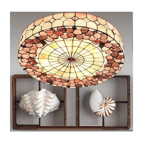 Mediterranean Style Tiffany Rural Led E27 Round Shell Handmade Ceiling Lamp Dimmer 3 Lights For Living Room Light Fixture