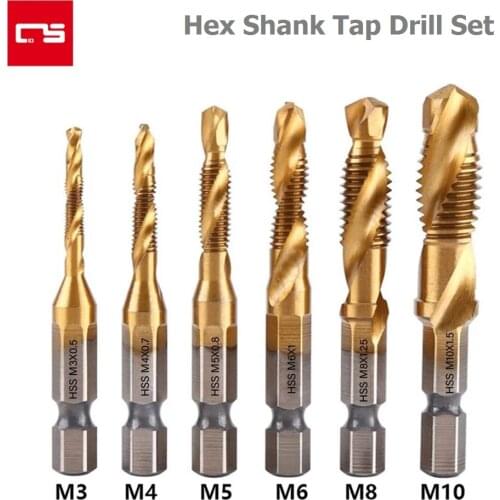 Drill Bit Hex Shank Tap Drill Titanium Plated HSS Screw Thread Metric Screw Machine Compound Tap M3 M4 M5 M6 M8 M10 Hand Tools