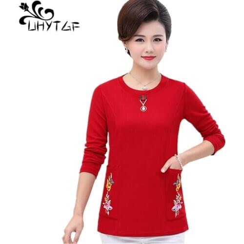 UHYTGF Long-sleeved T-shirt womens fashion embroidered spring autumn t-shirt Female casual loose 5XL plus size tops genuine 1017